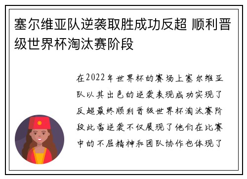 塞尔维亚队逆袭取胜成功反超 顺利晋级世界杯淘汰赛阶段