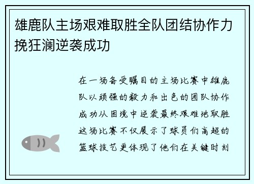 雄鹿队主场艰难取胜全队团结协作力挽狂澜逆袭成功